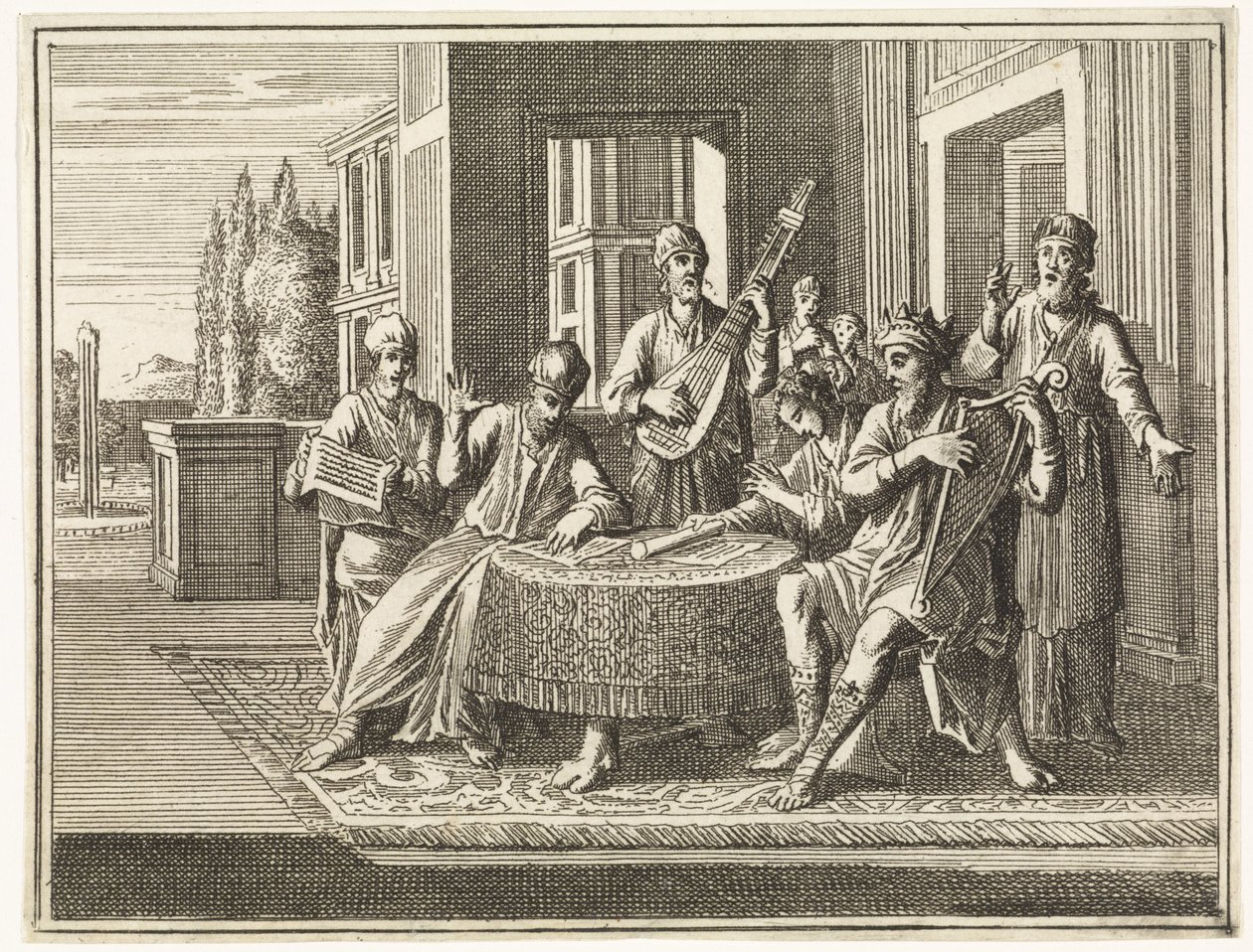 David Sitting at a Table Playing the Harp by Caspar Luyken
