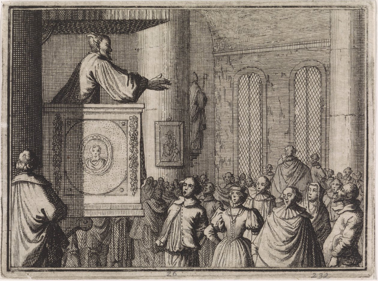 Devil Speaking from a Pulpit to a Crowd of People by Caspar Luyken