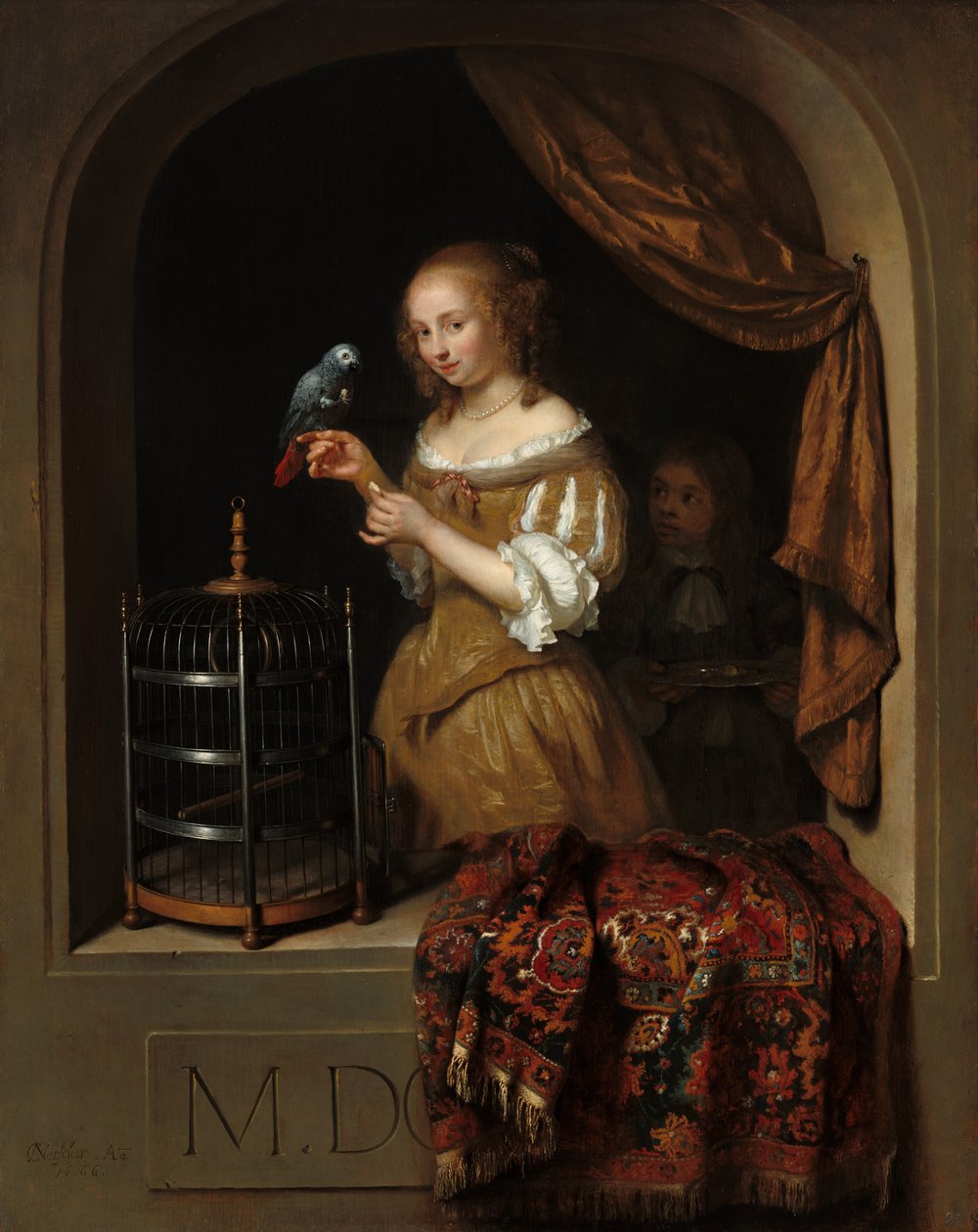 A Woman Feeding a Parrot, with a Page by Caspar Netscher