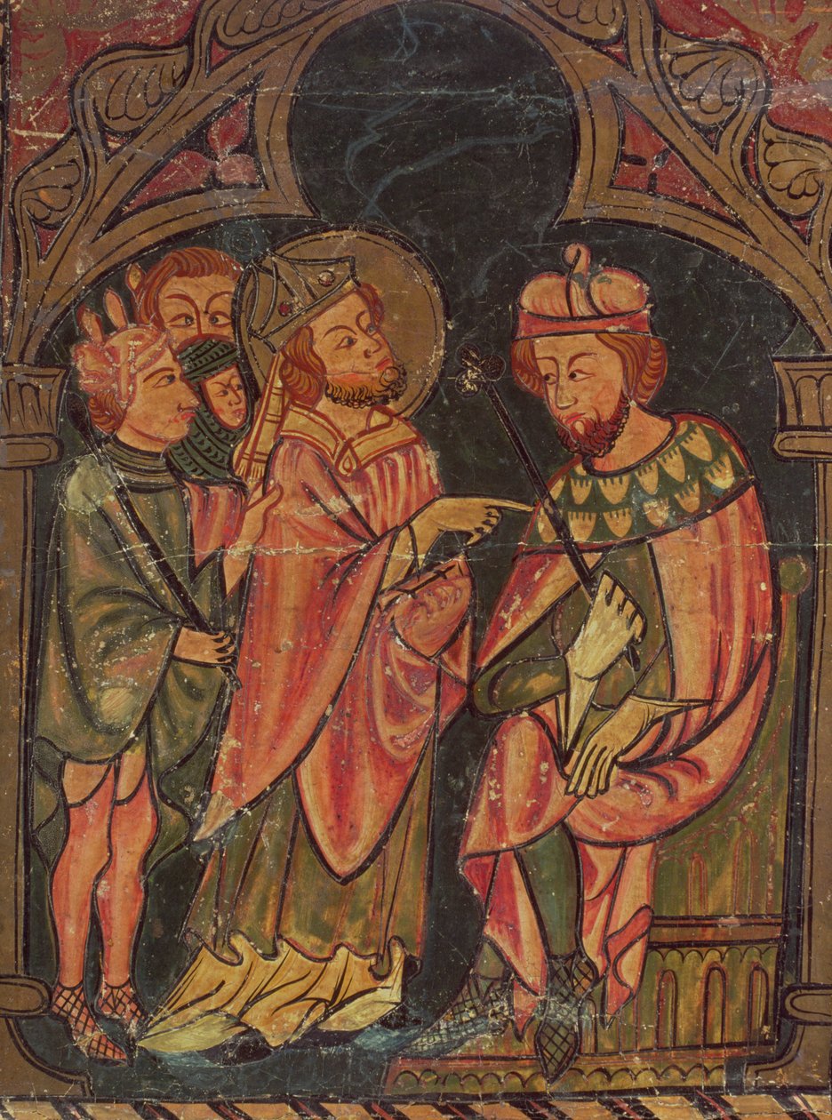 St. Cyprian, Bishop of Carthage brought before Emperor Valerian by Catalan School