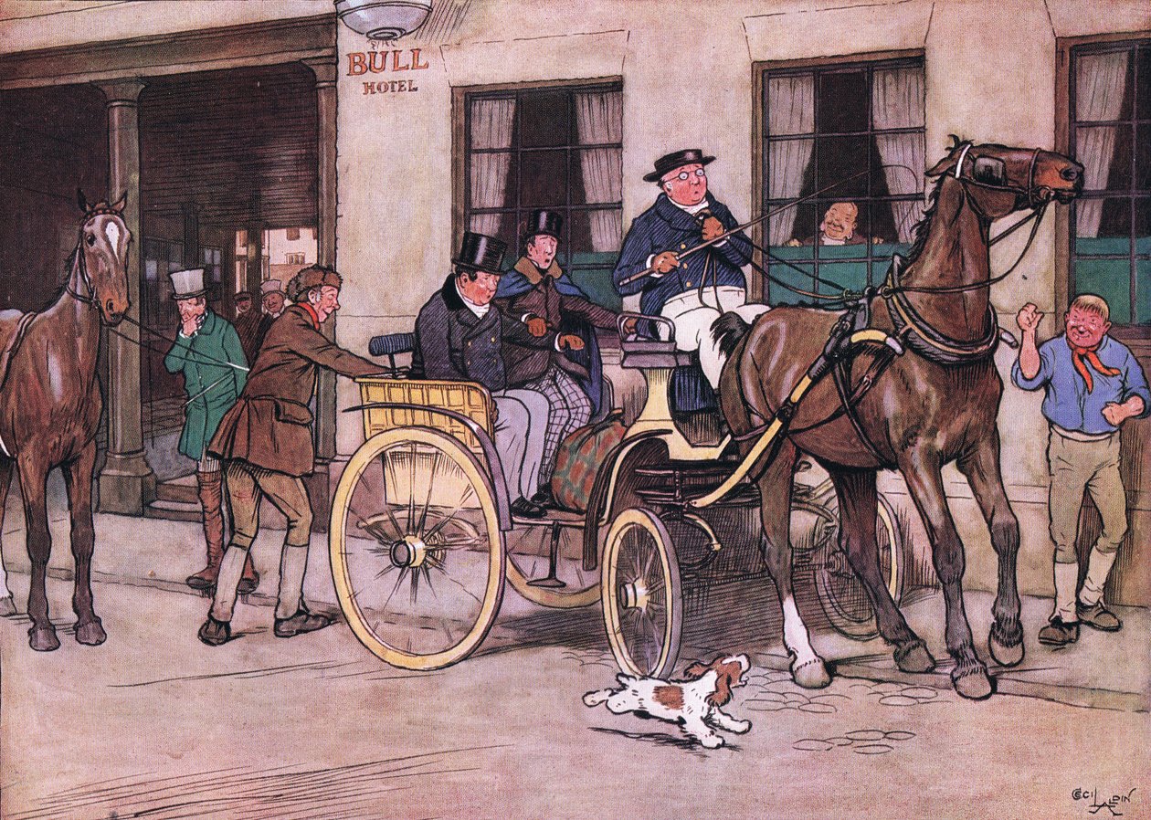Wo-o! Cried Mr Pickwick. Wo-o! Echoed Mr Tupman, and Mr Snodgrass from the Bin by Cecil Charles Windsor Aldin
