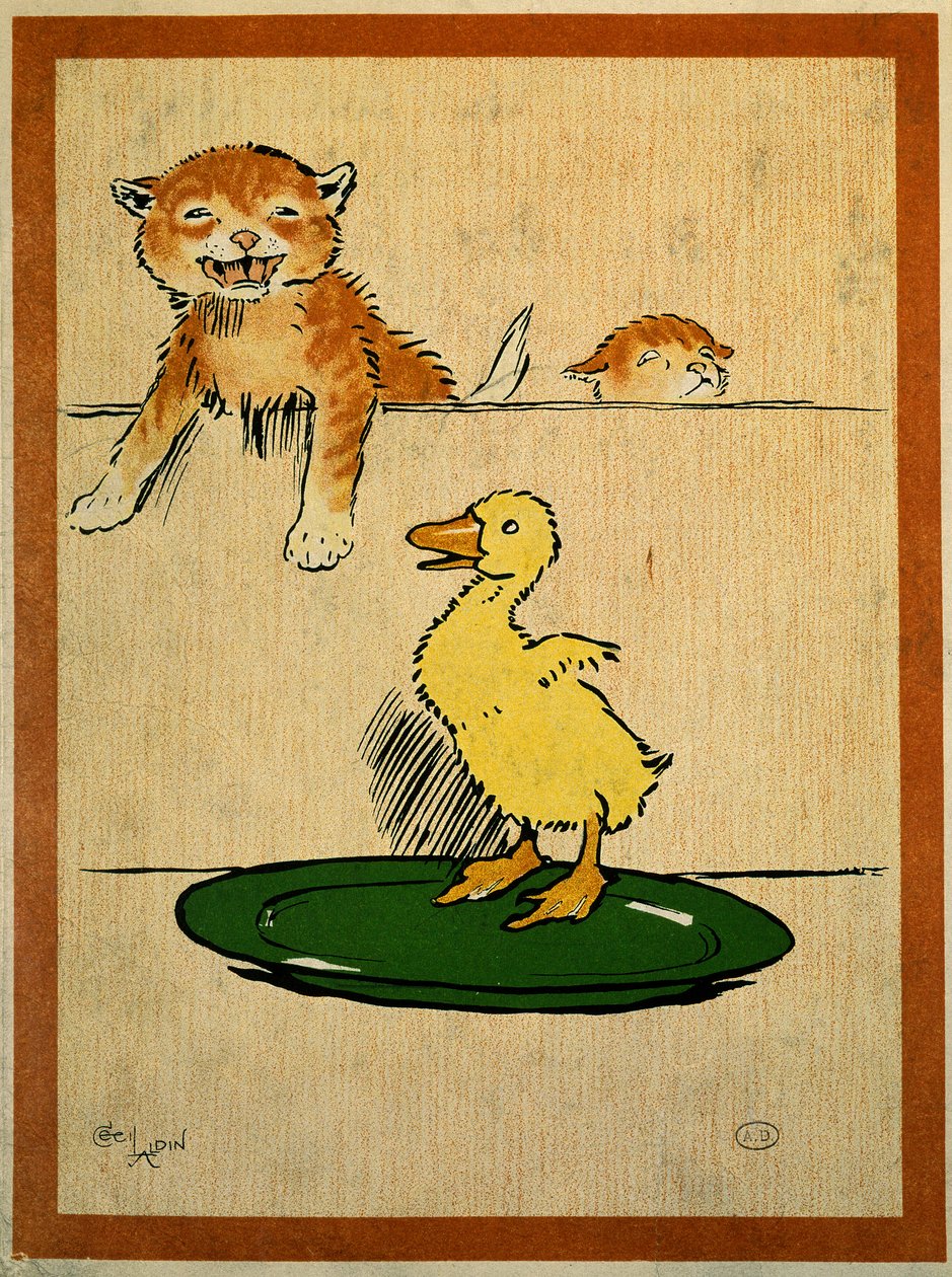 Cats and Duck. Drawing by Cecil Aldin by Cecil Charles Windsor Aldin