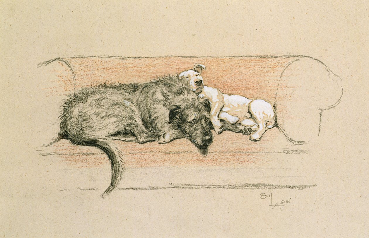 Wolfhound and Bull Terrier Asleep on a Sofa by Cecil Charles Windsor Aldin