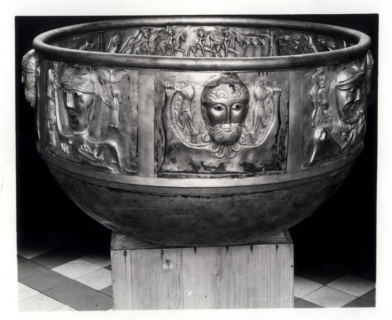 Full size replica of the Gundestrup Cauldron, original made 1st century BC (b/w photo) by Celtic