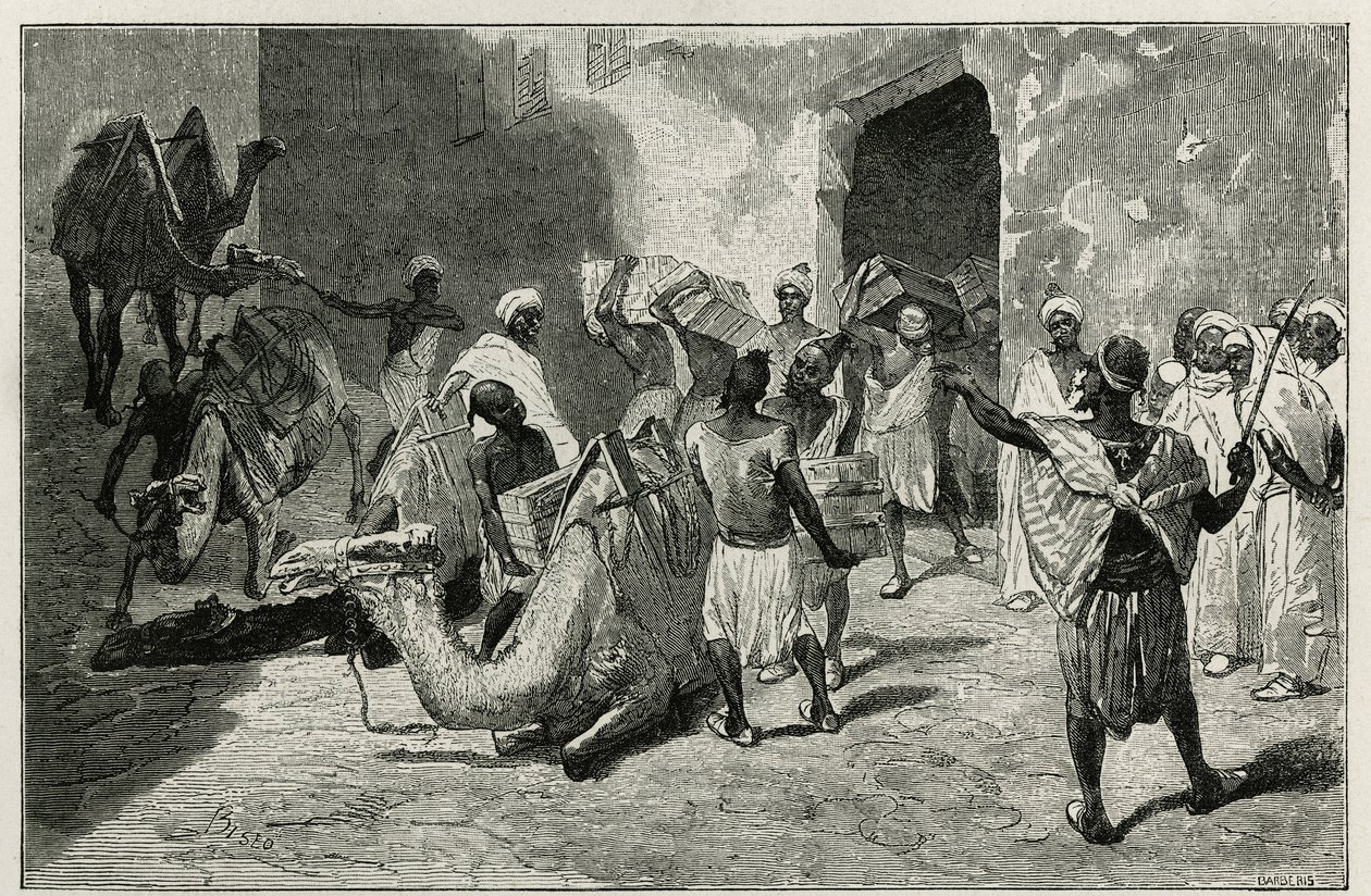 The loading of camels from the caravan of the author of the story, Atanger, engraving by Biseo, to illustrate the story Le Maroc by Edmondo de Amicis, in 1875, published in the tour du monde, under the direction of Edouard Charton by Cesare Biseo