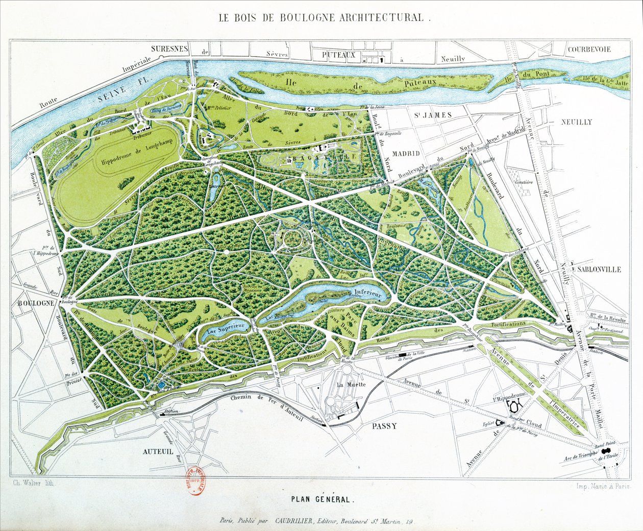 Plan of the Bois de Boulogne in Paris, published by Caudrilier by Ch. Walter