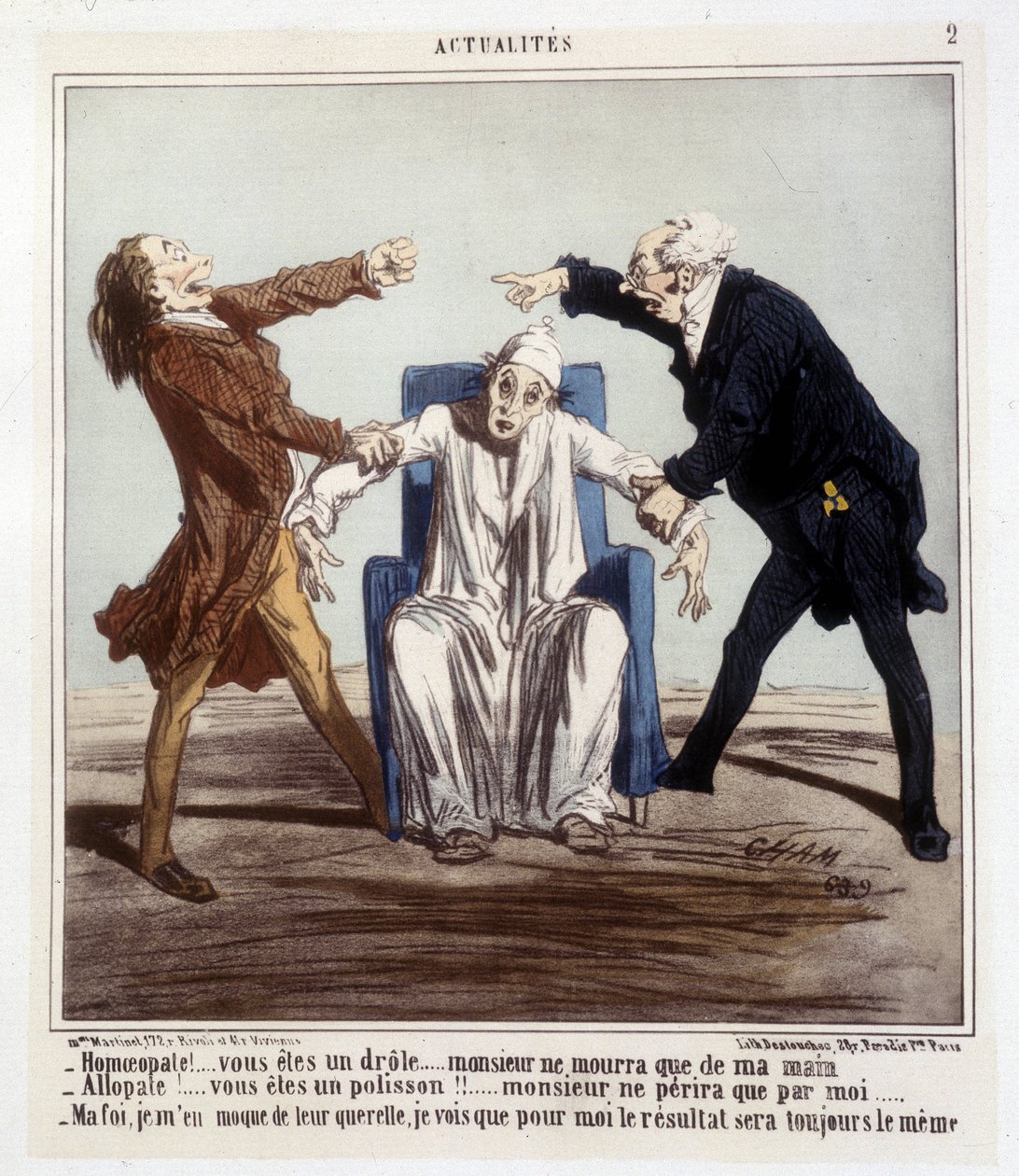 Cartoon on allopathy and homeopathy by Cham by Amédée de Noé
