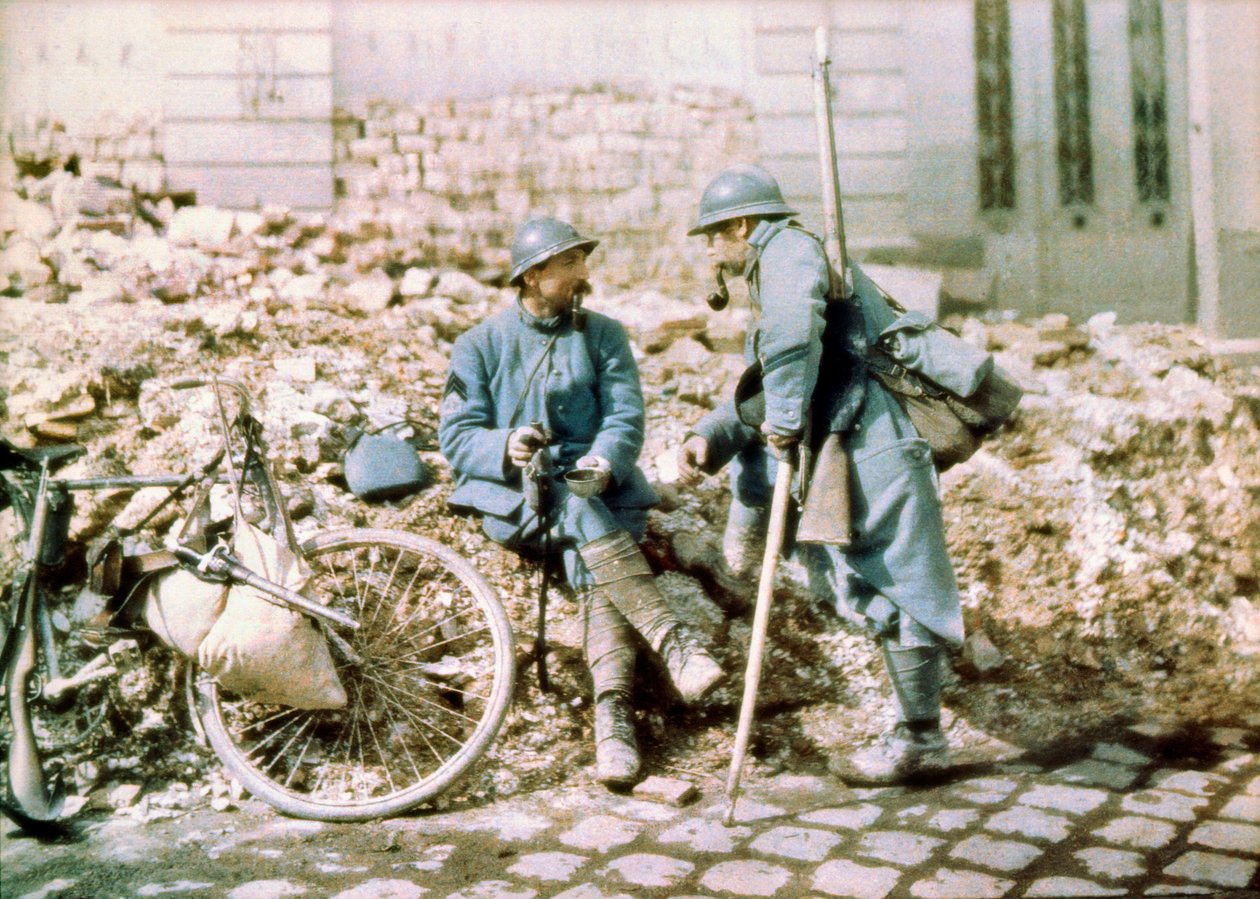 Two French Soldiers in a Town Shelled by German Artillery, Western Front, France, c.1914-18 by Charles Adrien