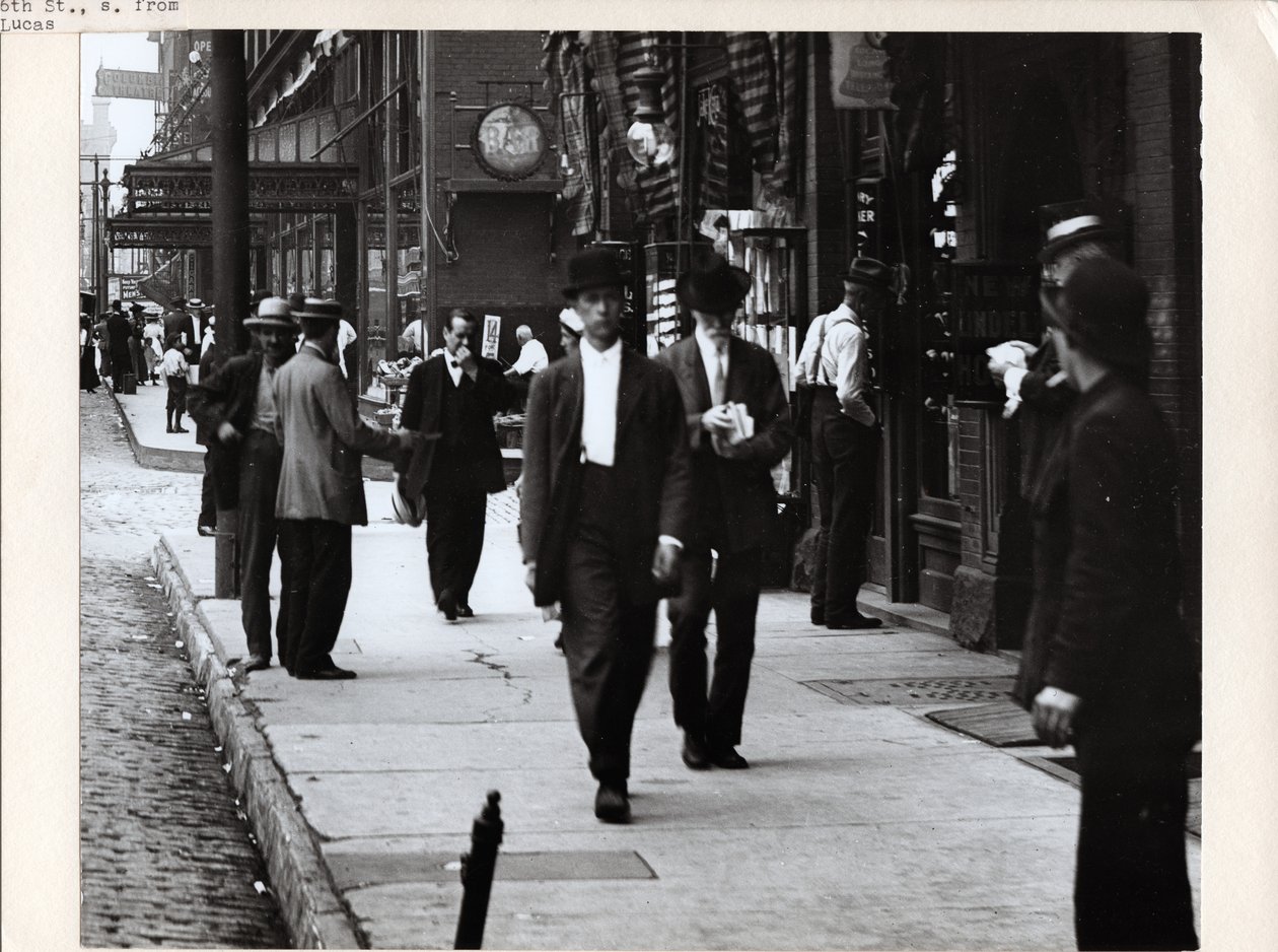 Pedestrians on the Sidewalk in Front of New Lindell Hotel and Fellhauer Wine Shop at 705 6th Street and 707 6th Street by Charles Clement Holt