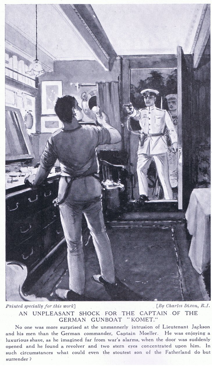 An unpleasant shock for the captain of the German gunboat Komet October 1914 by Charles Edward Dixon