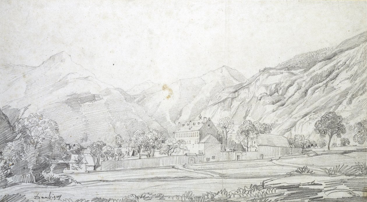 View of Buildings in a Walled Enclosure with Mountains in the Background by Charles Francois Daubigny