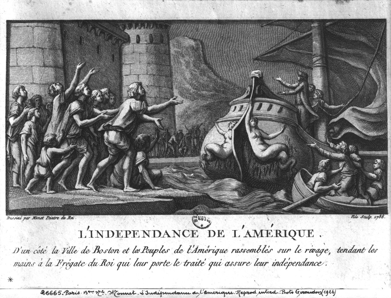 The American Independence, a French frigate bringing the treaty to Boston, engraved by Francois Denis Nee, 1786 by Charles Monnet