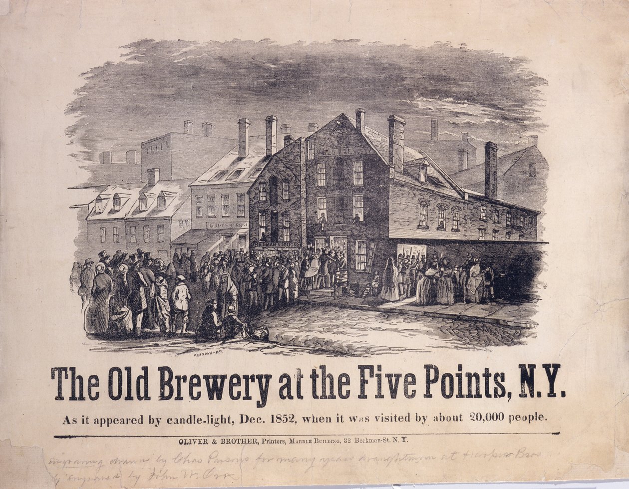 The Old Brewery at the Five Points, New York, as it Appeared by Candlelight, December 1852, When it Was Visited by About 20,000 People, engraved by John W. Orr, ca. 1853 by Charles Parsons