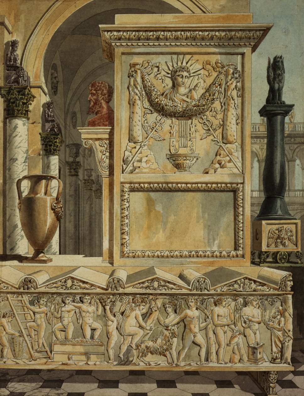 A Classical Capriccio with a Sarcophagus, design for a title page from 