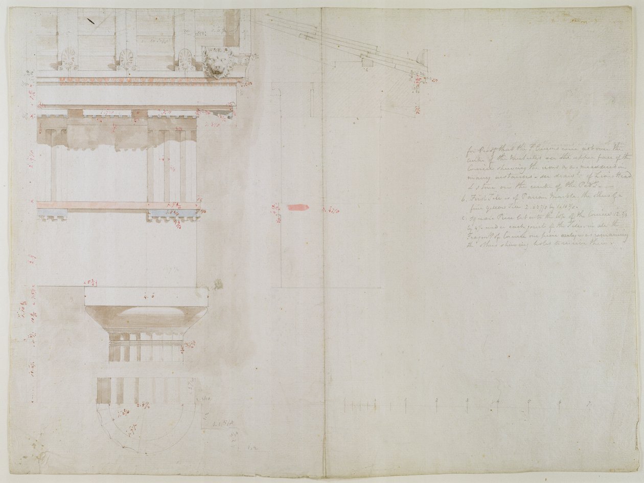A Collection of Original Drawings for Temples at Bassac: Elevation and Partial Structure of Roof of the Temples of Jupiter Panhellenius at Aegina by Charles Robert Cockerell