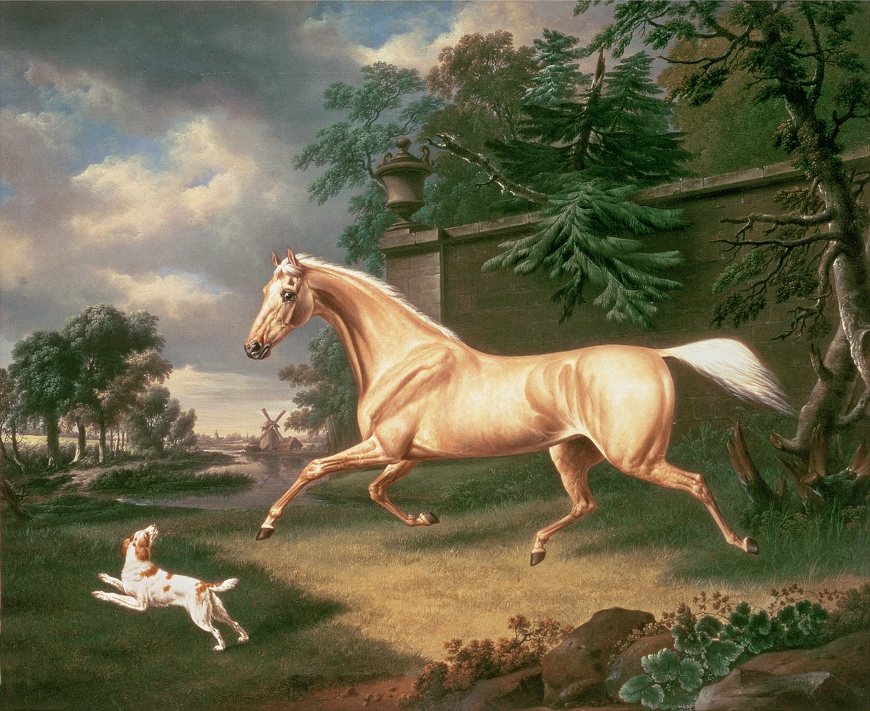 A Palomino frightened by an oncoming storm with a Spaniel, 1814 by Charles Towne