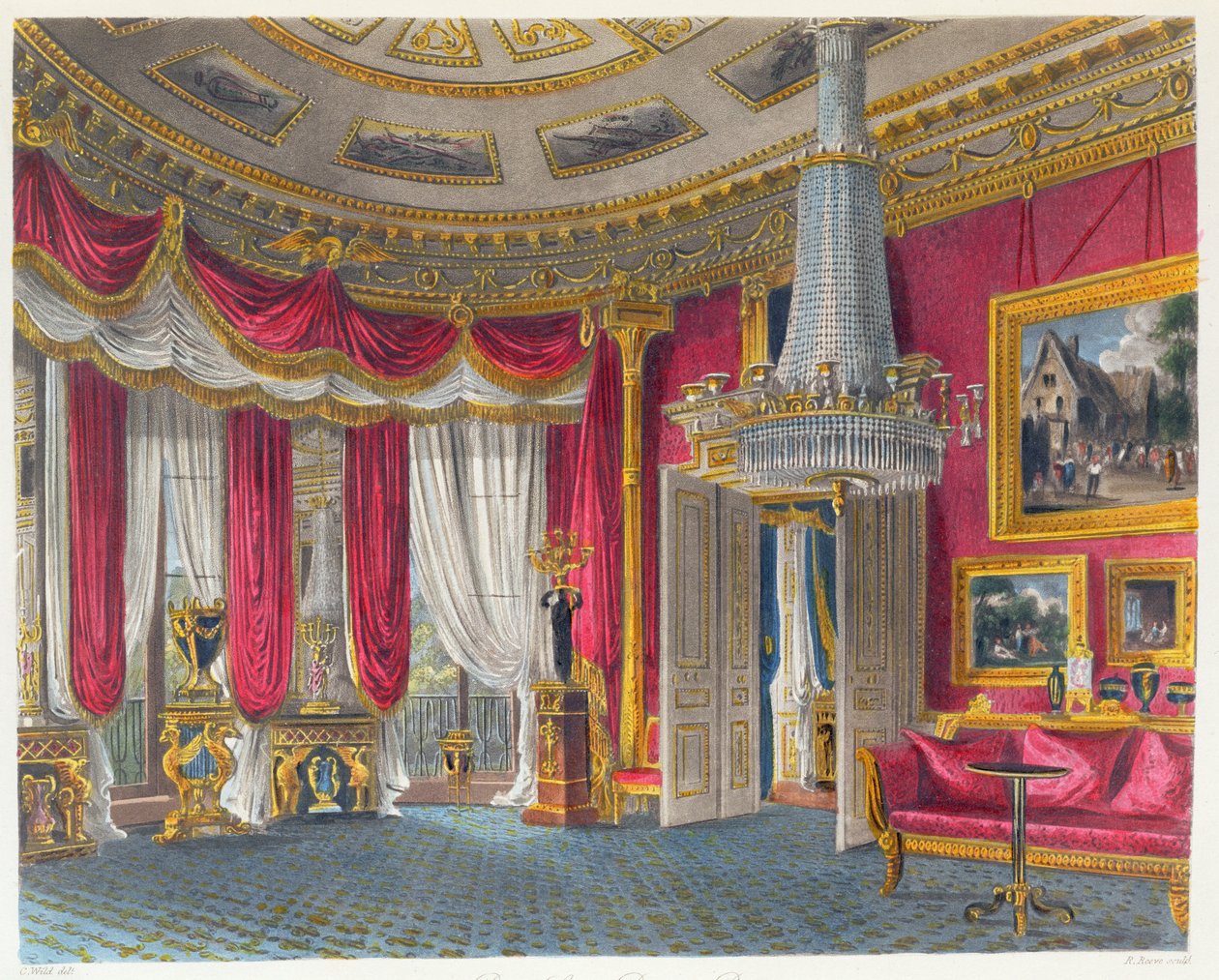 The Rose Satin drawing room, Carlton House, looking south-west, engraved by R. Reeve, from 