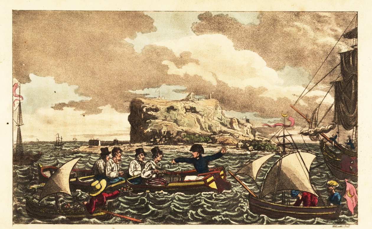 Midshipman Newcome transferred by rowboat to the HMS Vanguard near Gibraltar by Charles (c.1797 1850) (after) Williams