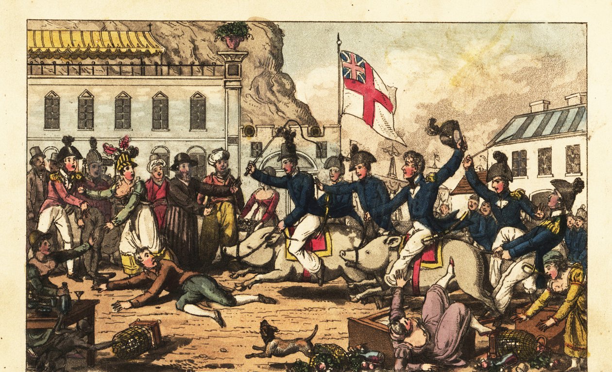 Royal Naval Officers Riding Pigs in Saddles Through the Market in Gibraltar by Charles (c.1797 1850) (after) Williams
