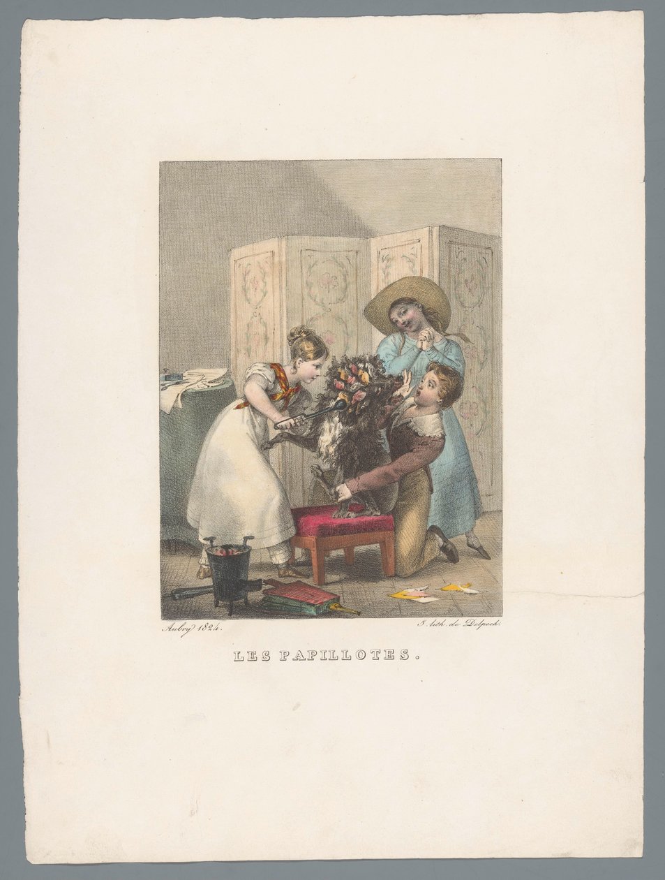 Three Children Curling a Dog