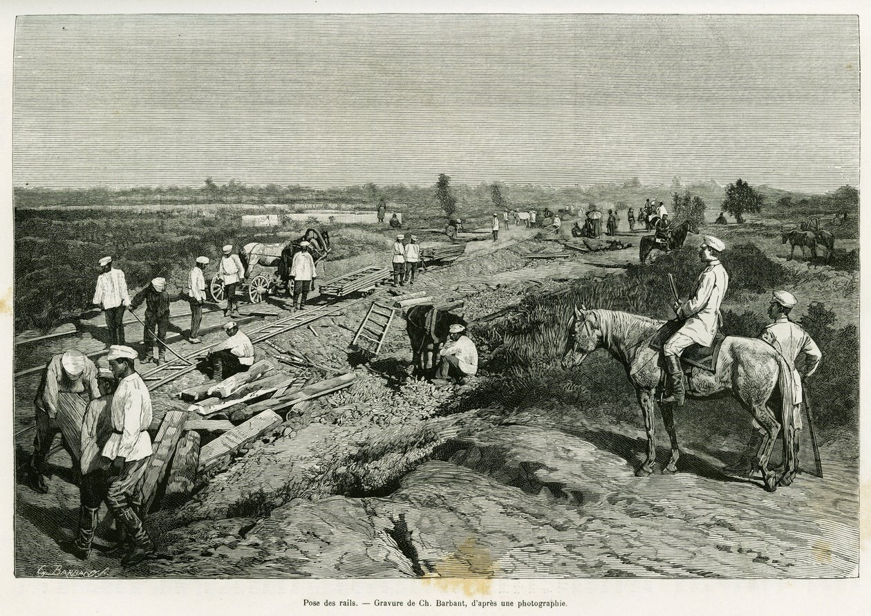 Laying the transcaspian rails. Engraving by Ch. Barbant to illustrate the story Voyage a Merv, by Edgar Boulanger, in le tour du monde 1887, directed by Edouard Charton by Charles Barbant