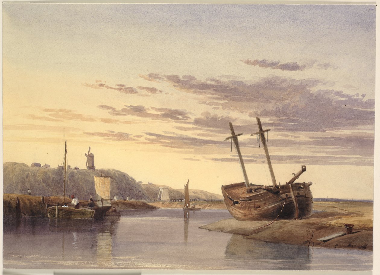Fishing Boats in Rye Harbour, with a Windmill in the Distance by Charles Bentley