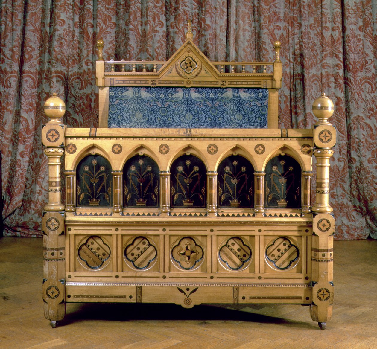 Gothic Revival Inlaid Bed with Padded Headboard, Made by Marsh & Jones, c.1866 by Charles Bevan