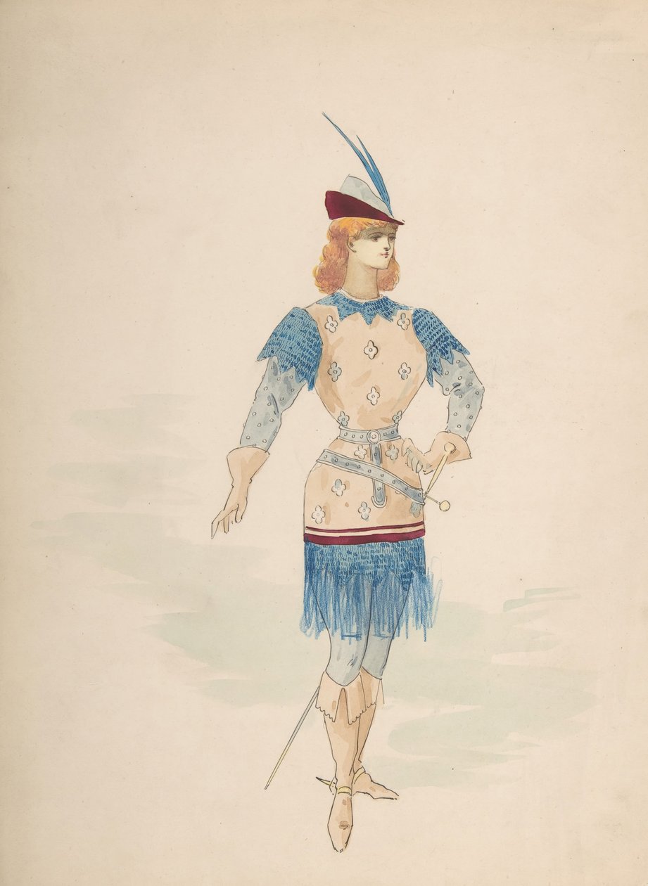 Costume Design for a Cavalier in Blue and Burgundy with Feathered Cap and Sword by Charles Bianchini