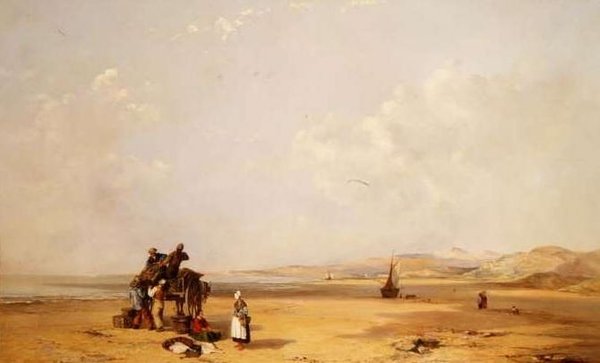 Fishermen unloading their catch on the beach in Cardigan Bay by Charles Branwhite