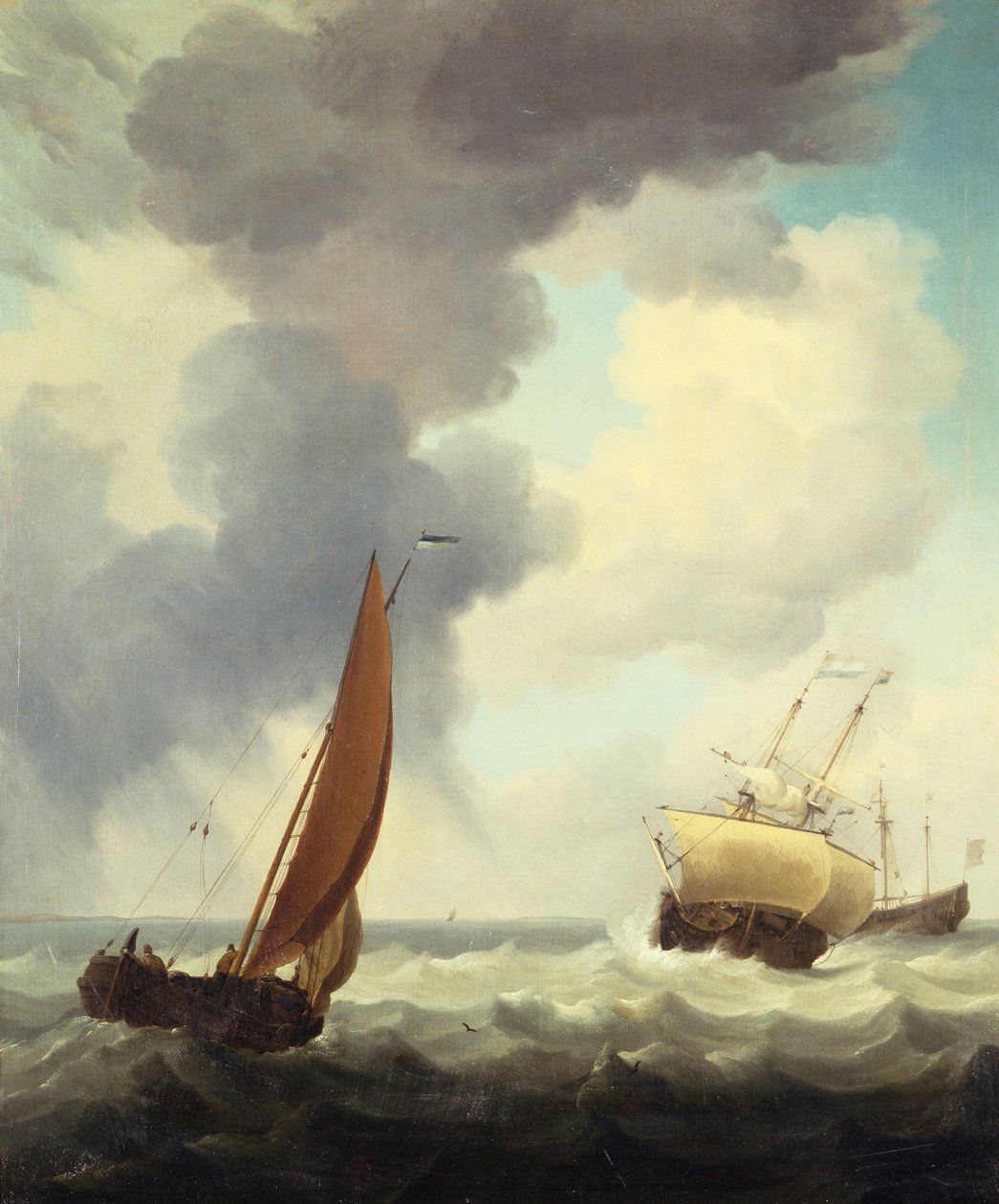 Dutch Merchant Ships and a Coastal Trader in Choppy Seas by Charles Brooking