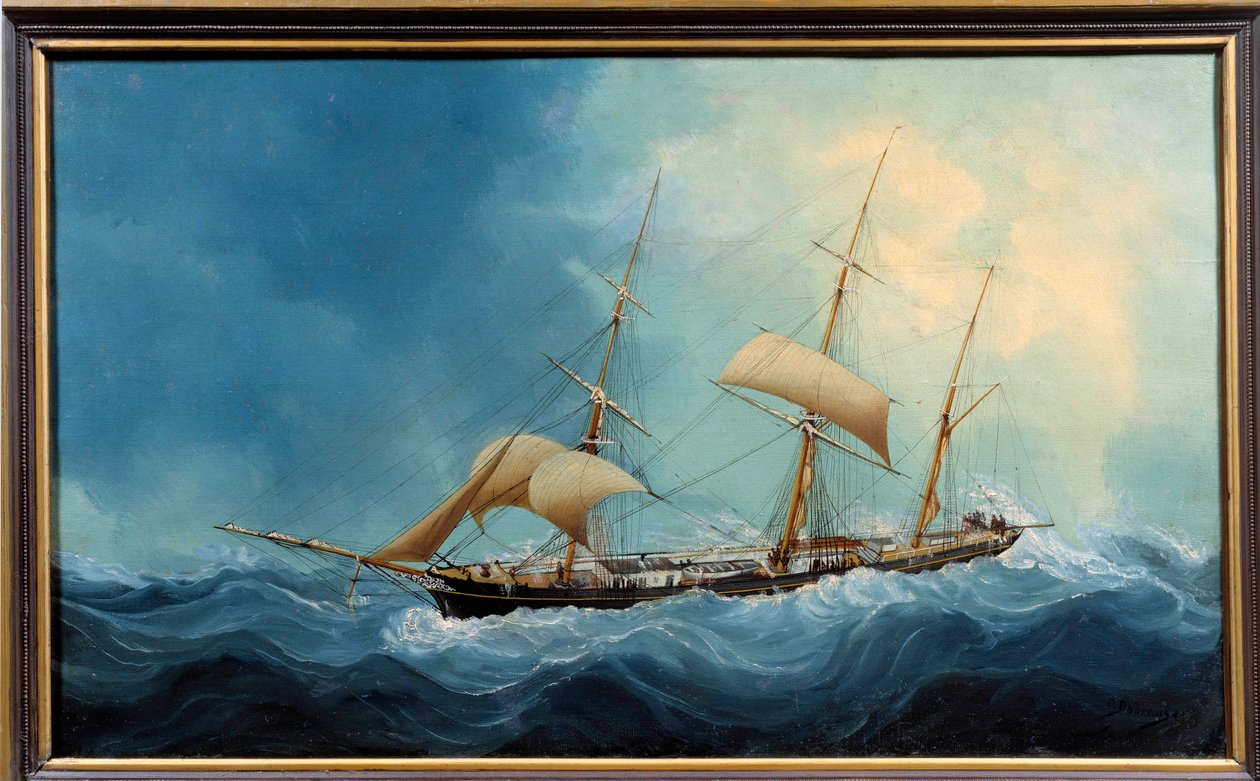 A Three-Masted Sailboat in Flight - A Three-Masted Ship Fleeing by Charles Cheri Dubreuil