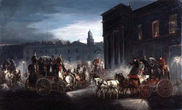 The Edinburgh Mail Coach and Other Coaches in a Lamplit Street by Charles Cooper Henderson