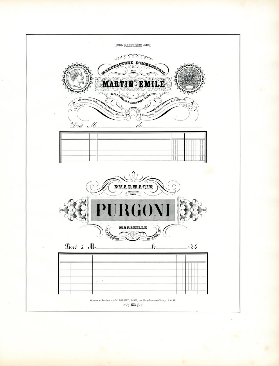 Elegant Letterheads for Clockmaker and Pharmacy by Charles Derriey