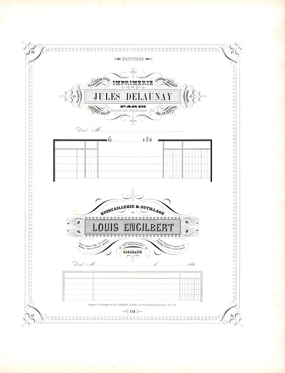 Ornamental letterheads for printing press and hardware shop by Charles Derriey