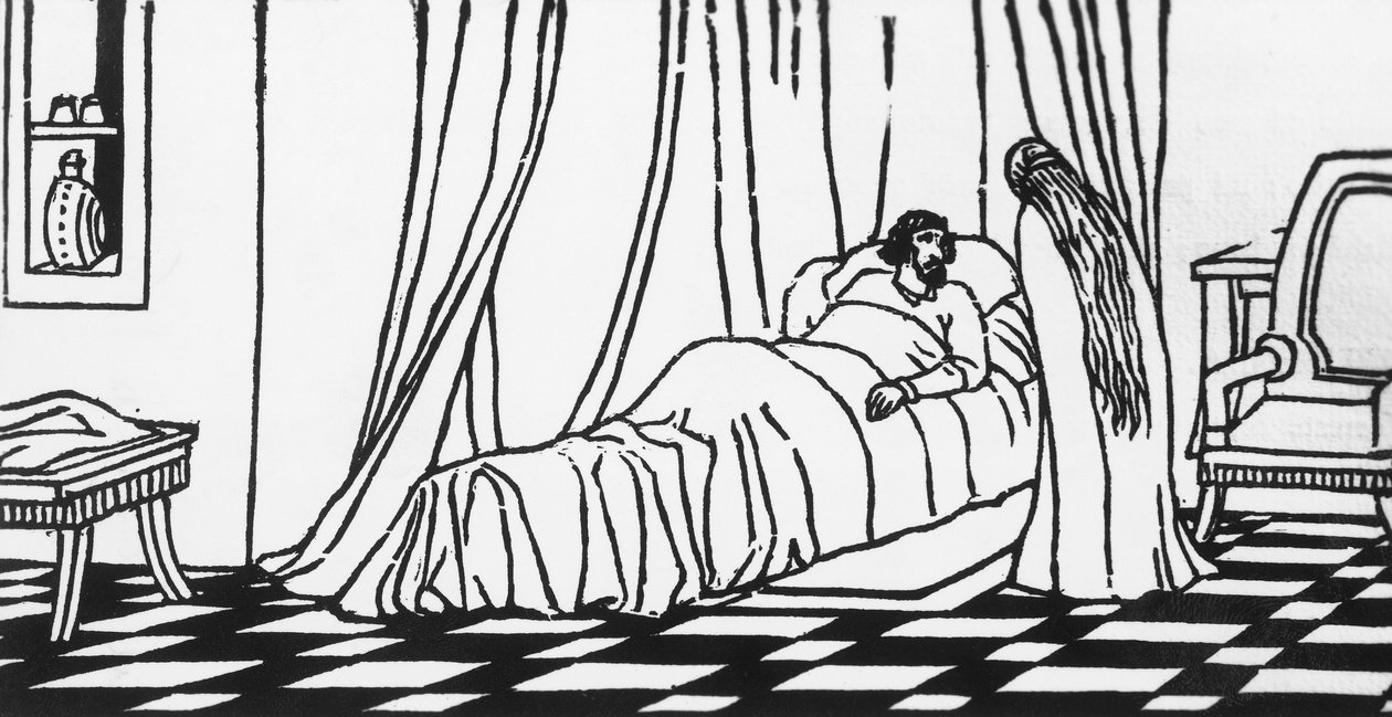 Melisande visiting Golaud in bed after falling from his horse, woodcut for Pelleas and Melisande by Maurice Maeterlinck by Charles Doudelet