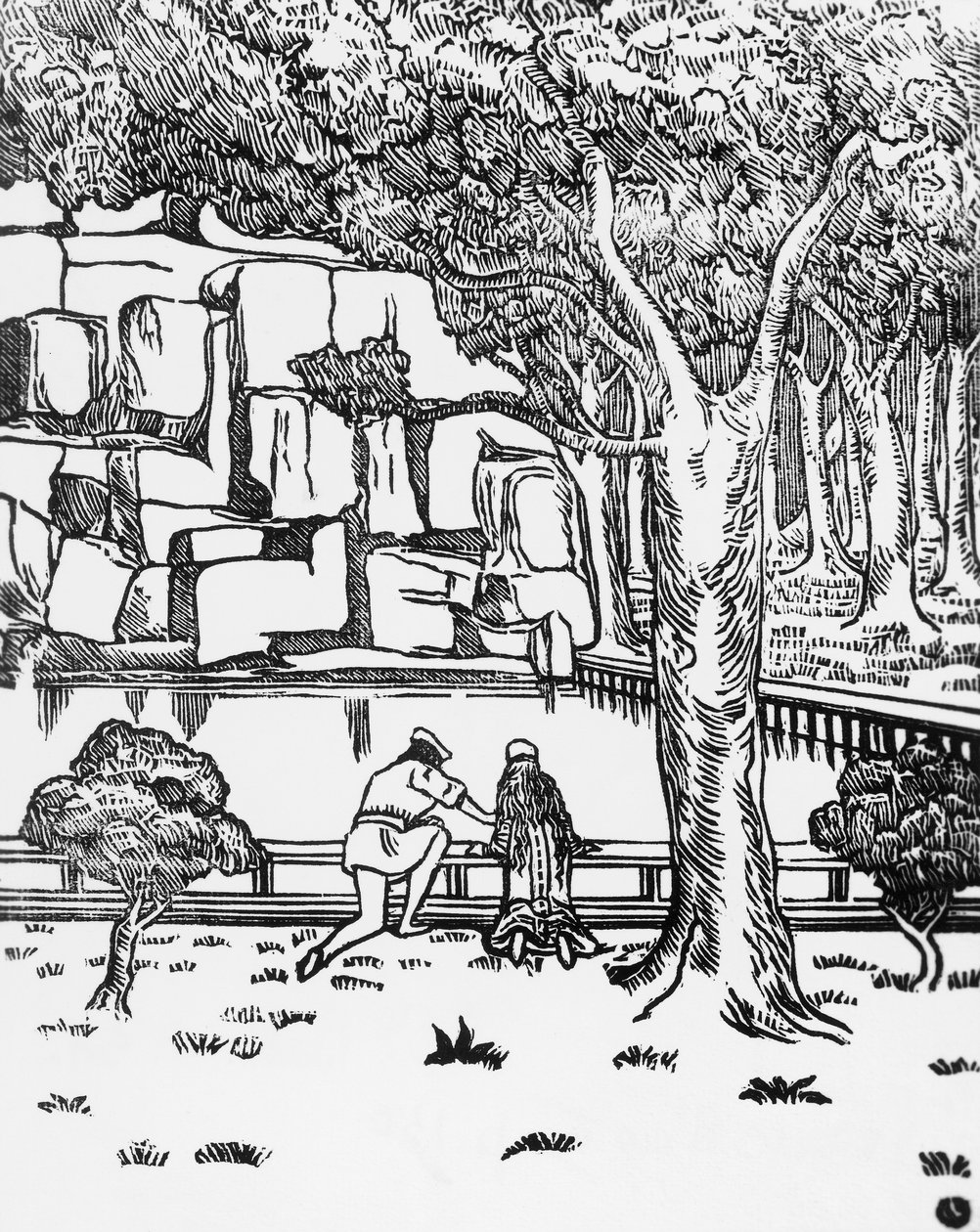 People looking at source, woodcut for Pelleas and Melisande by Maurice Maeterlinck, published by Claudio Argentieri, Spoleto, Italy by Charles Doudelet