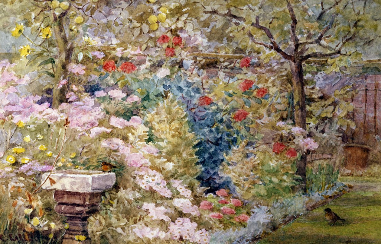 A Summer Garden with Birds, Flowers, and Fountain by Charles Earle