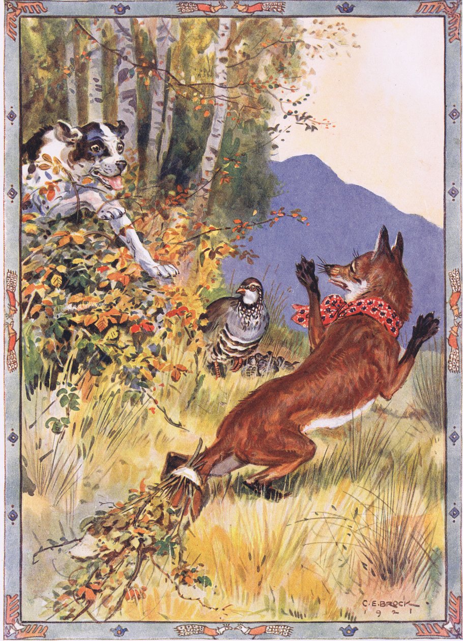 Out of the bushes sprang the dog, scene from The Story of the Partridge, the Fox and the Hound in Children