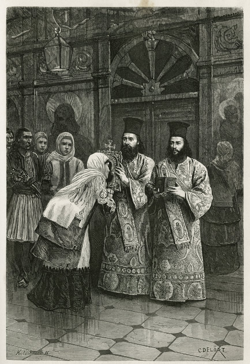 Priests giving a kiss to the holy images (Engraving by Ch. Delort) by Charles Edouard Delort