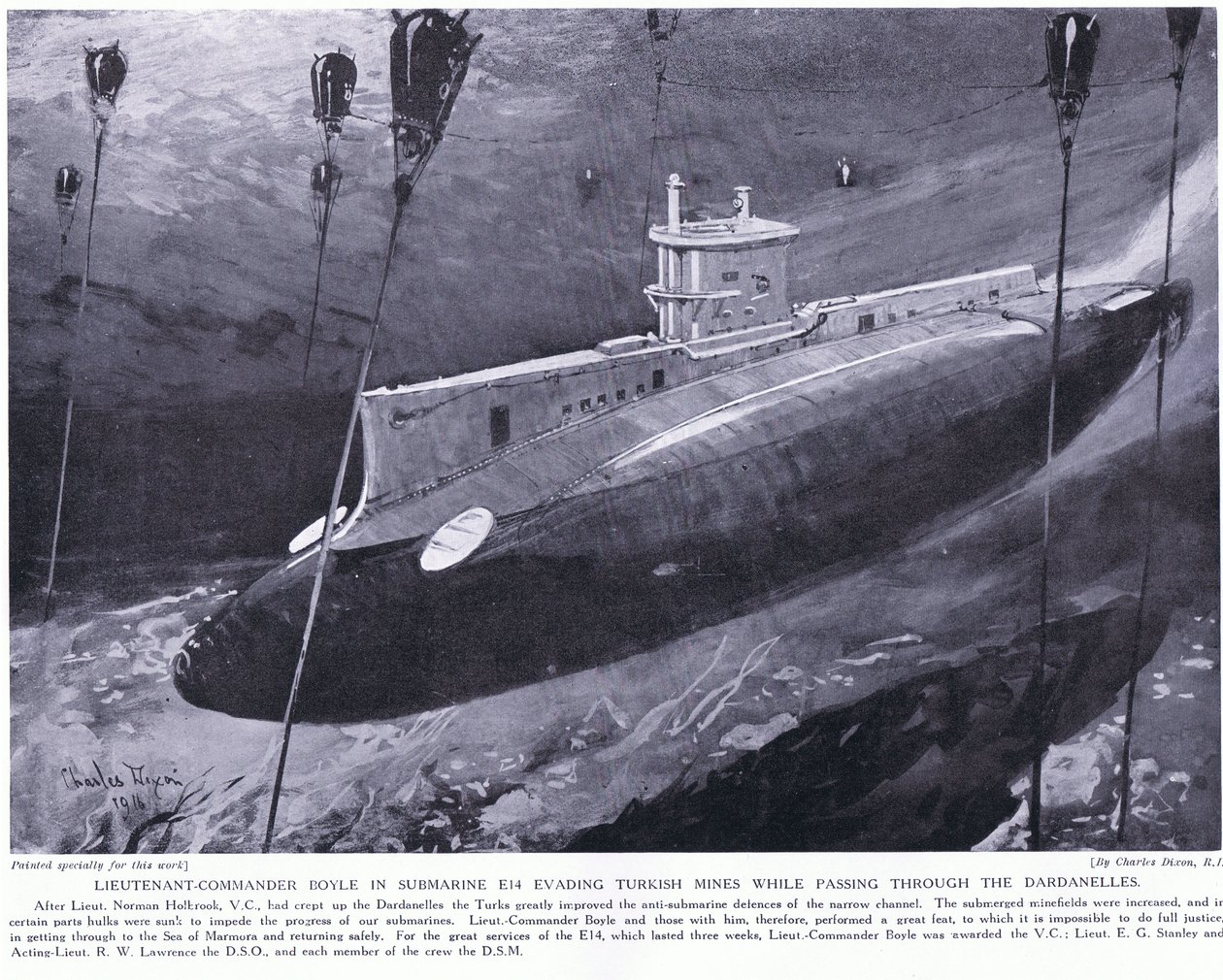 Lieutenant Commander Boyle awarded VC for evading Turkish mines in his submarine while passing through the Dardanelles 1915 by Charles Edward Dixon
