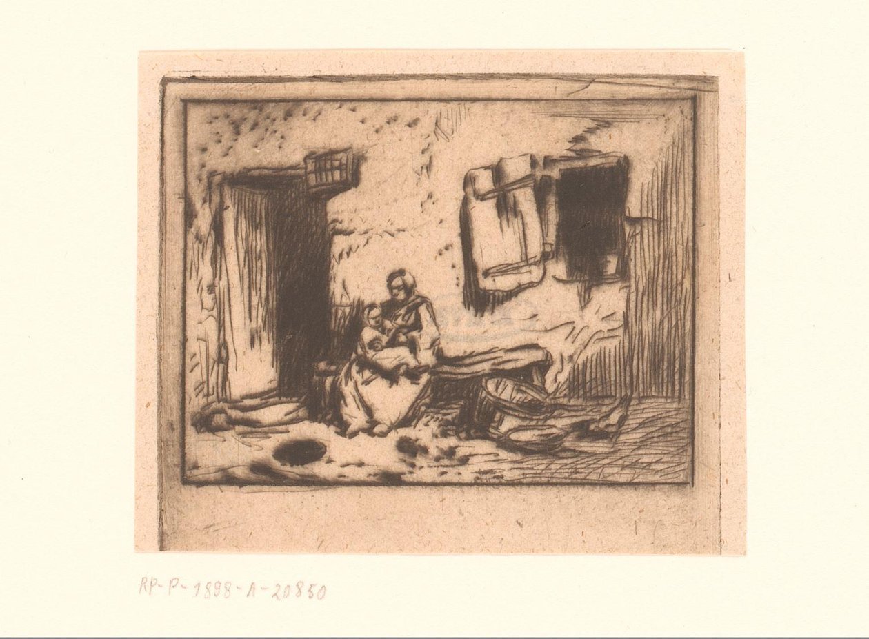 Woman with Child on a Bench Against a Wall by Charles Emile Jacque (attributed to)
