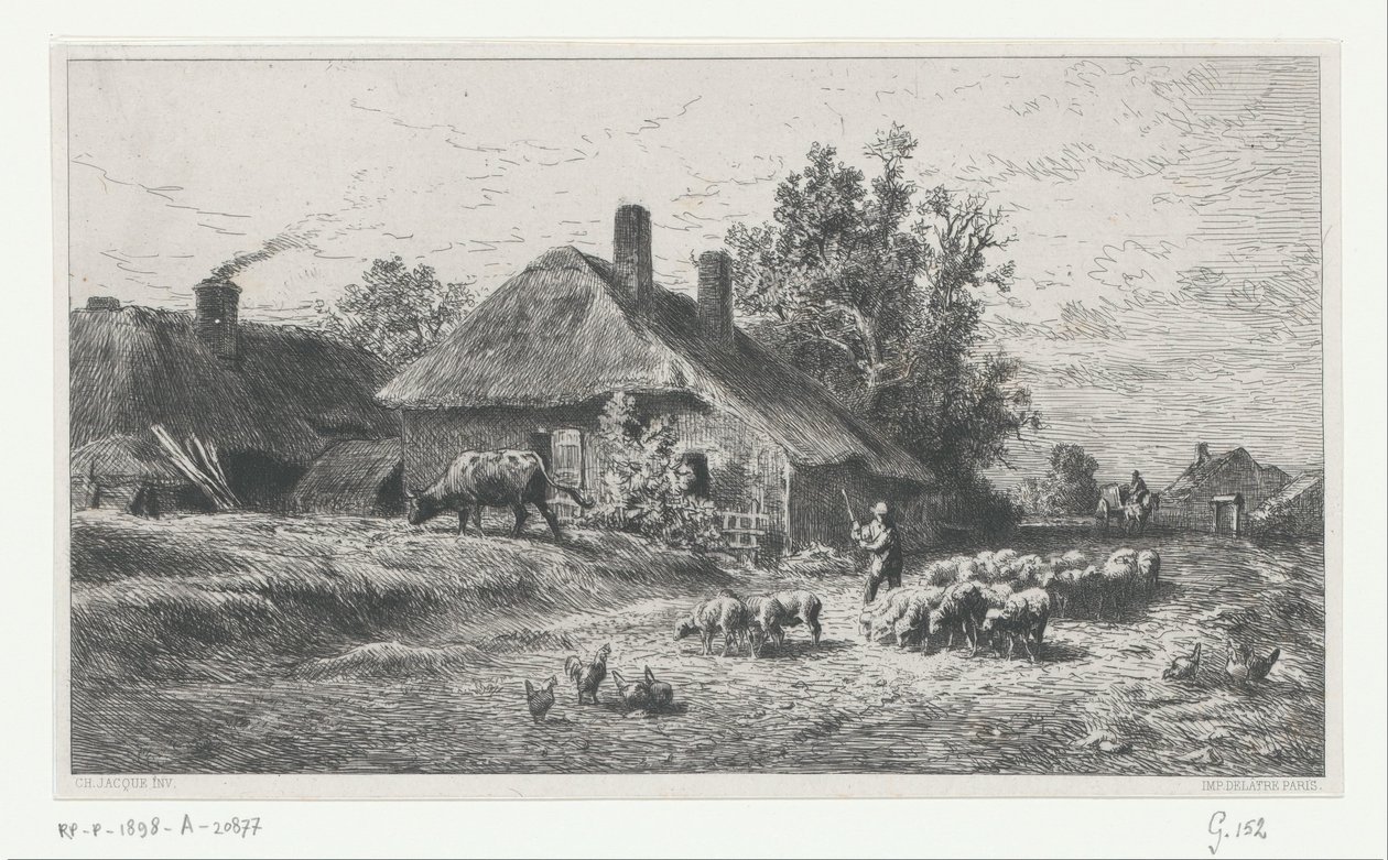 Shepherd with Flock on a Road beside a Farmhouse by Charles Emile Jacque