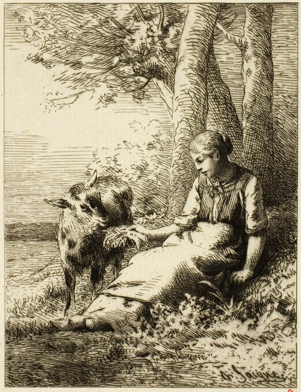 Shepherd with Flock of Sheep at Edge of Wood by Charles Emile Jacque