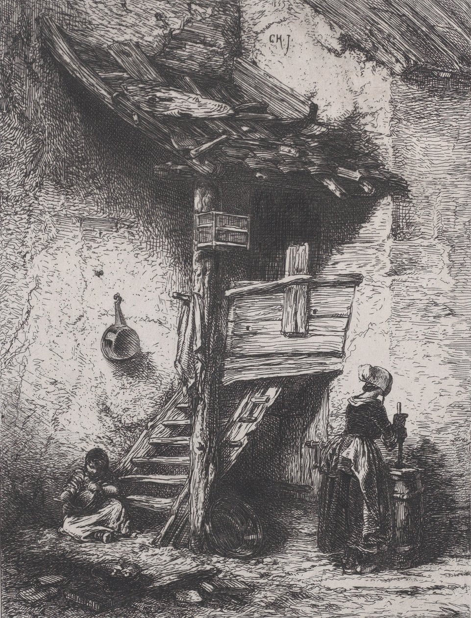 Stairs and Woman Churning, 1845 by Charles Emile Jacque