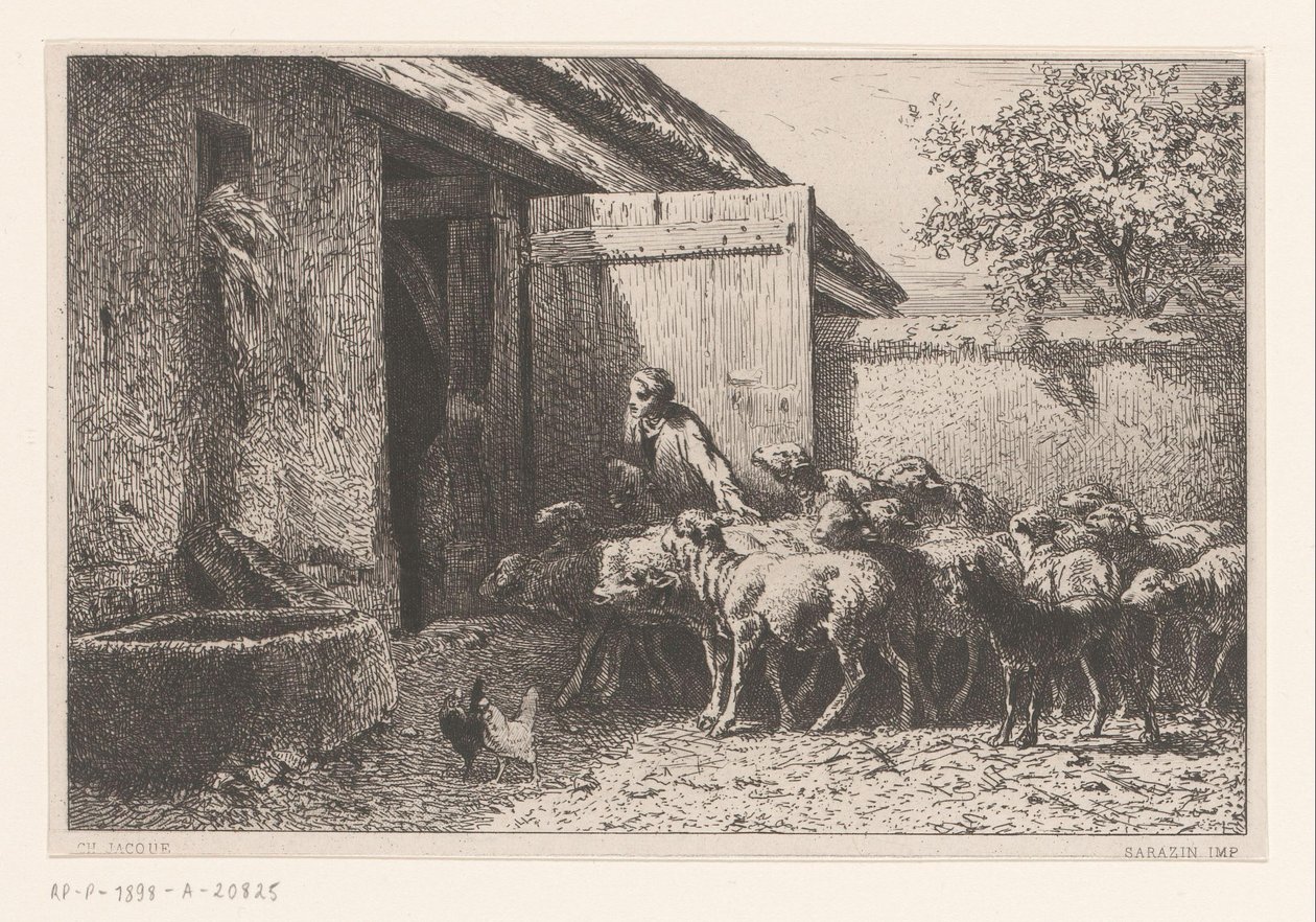 Woman Leading Sheep to the Stable by Charles Emile Jacque