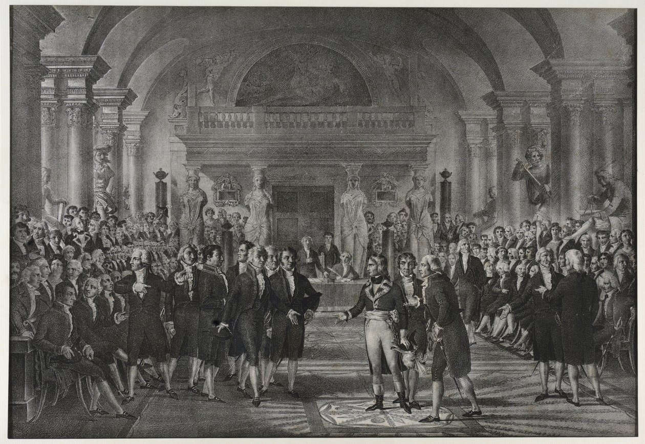 Reception of Napoleon Bonaparte at the Institute, class of physics and mathematics, section of mechanical arts on December 25 by Charles Etienne Pierre Motte
