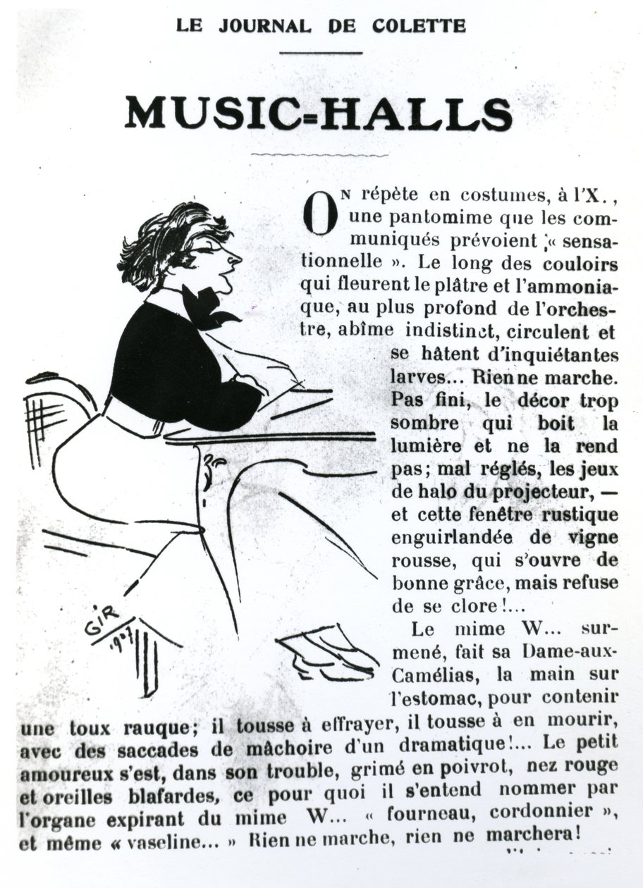 Caricature of Colette from her essay on Music-Halls in Vrilles de la Vigne, published in La Vie Parisienne, Paris, 1908 by Charles Felix Gir