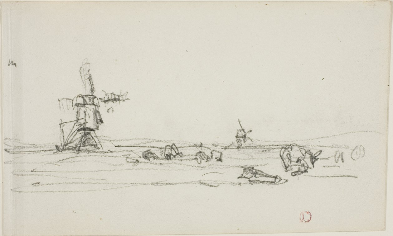 Landscape in Holland (recto); Sketch of Windmills by Water (verso) by Charles Francois Daubigny