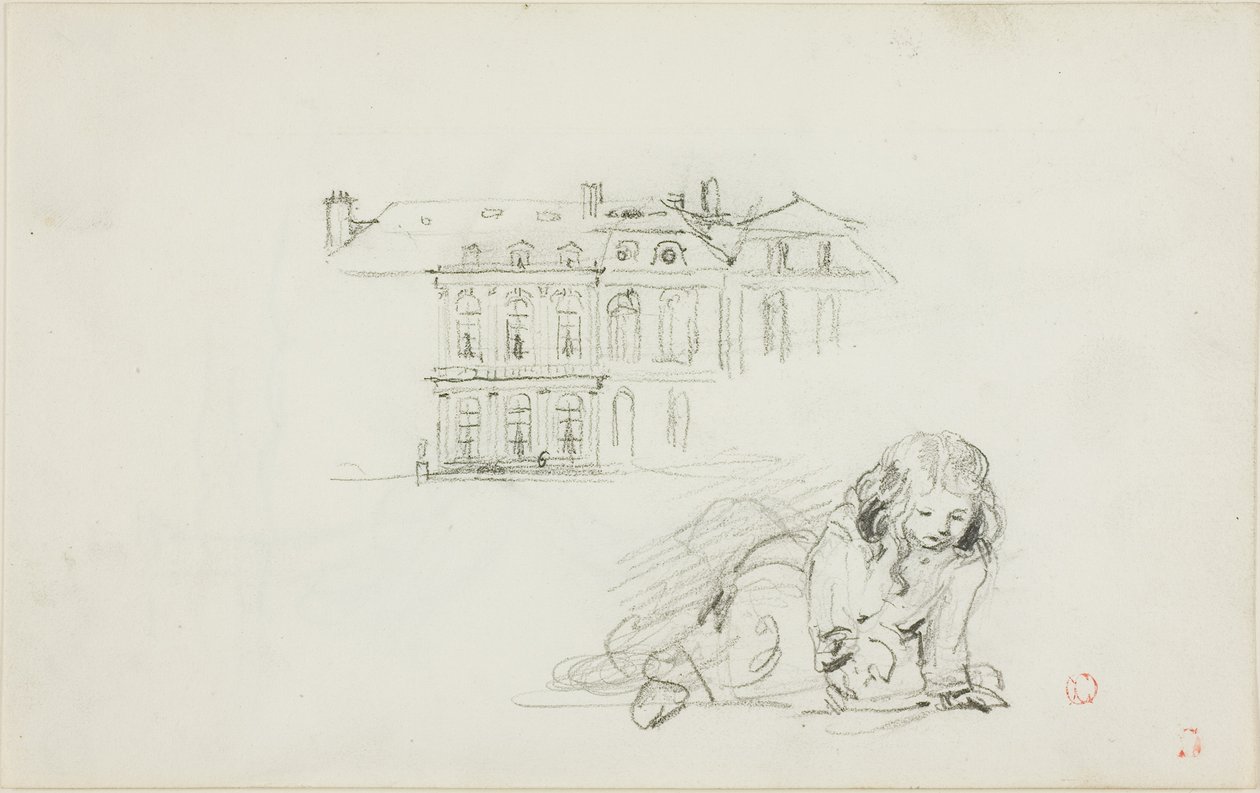 Sketches: The Hotel de Ville, Tours and a Girl Playing (front); Stork (back) by Charles Francois Daubigny