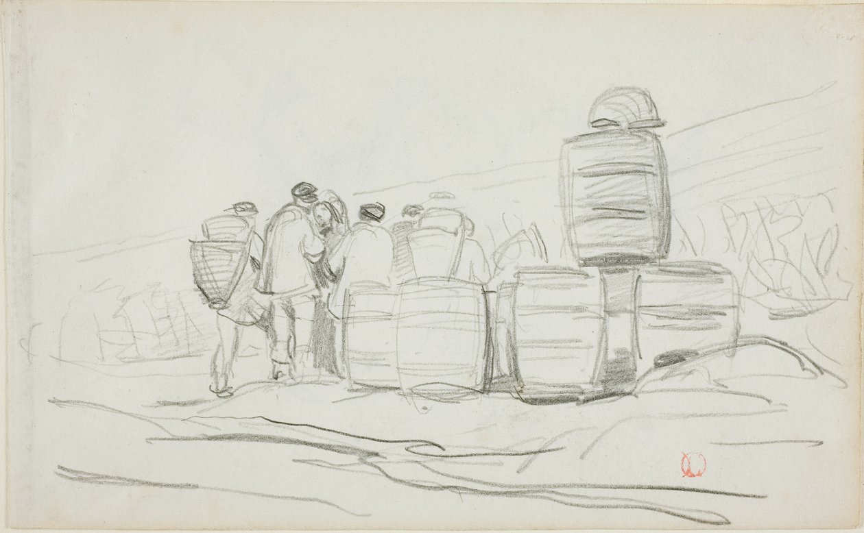 Study of a Group of People with Barrels (recto); Two Studies of a Woman Gleaning (verso) by Charles Francois Daubigny